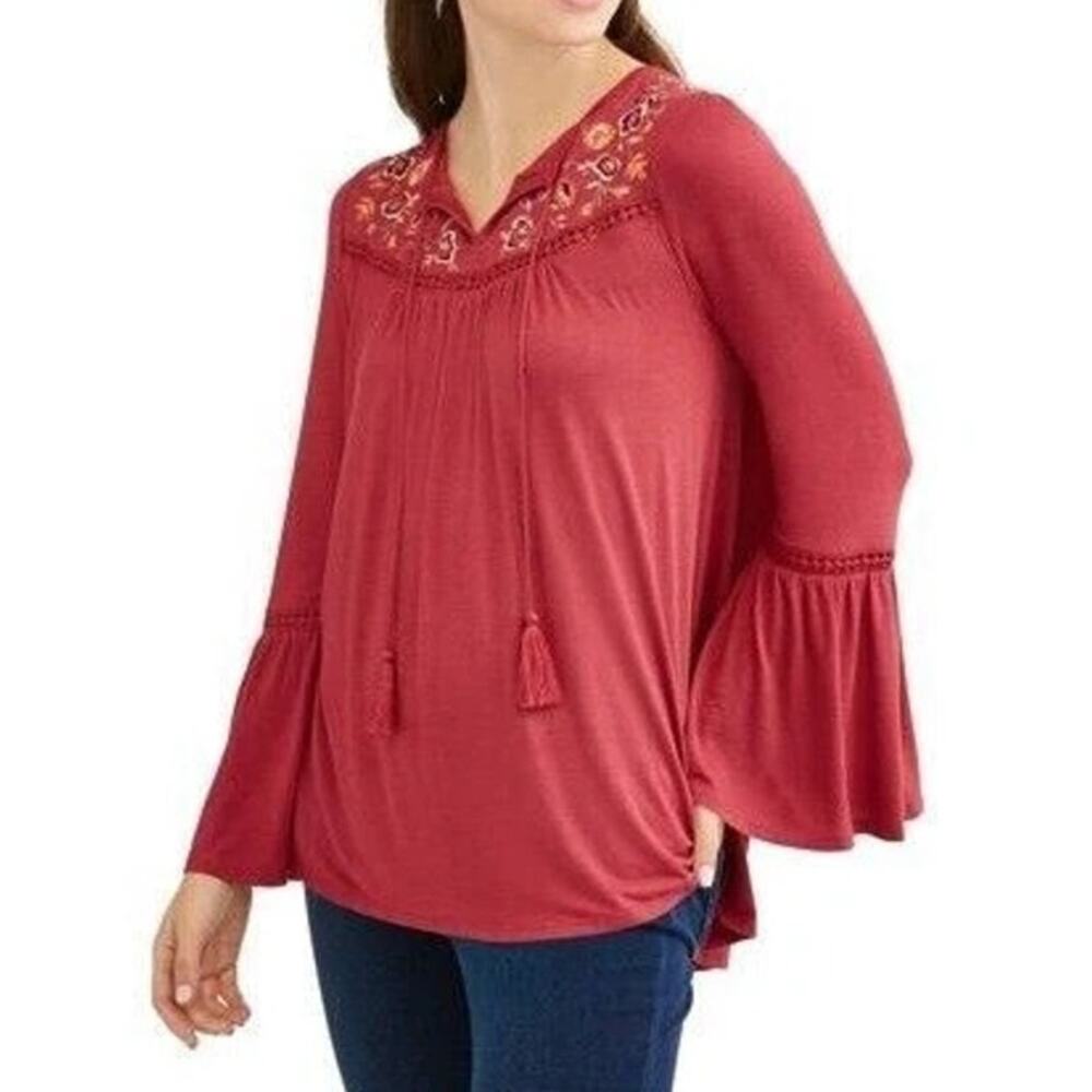 Time and Tru Peasant Tunic Top Women XXL Red Bell Sleeve Tassel Embroidered Boho